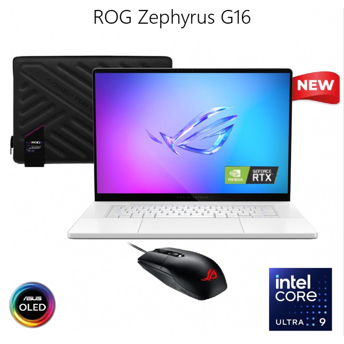 ASUS ROG Zephyrus G16 (2025) 16" 2.5K 240Hz OLED, Intel Core Ultra 9 2nd Gen Processor 285H, Nvidia RTX 5090 24GB GDDR7, 64GB LPDDR5X RAM, 1TB M.2 PCIe 4.0 NVMe w/ ROG Zephyrus Sleeve & ROG Impact Gaming Mouse - Platinum White Laptop | GU605CX-QR
