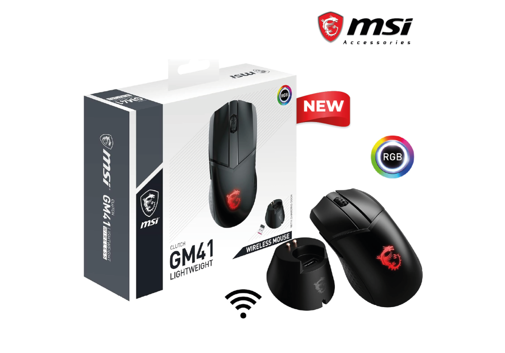 MSI Clutch GM41 Lightweight Wireless Gaming Mouse & Charging Dock, 20,000 DPI, 60M Omron Switches, Fast-Charging 80Hr Battery, RGB Mystic Light, 6 Programmable Buttons