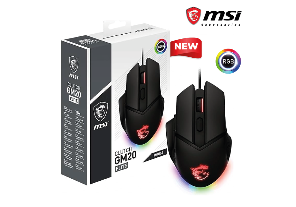 MSI Clutch GM20 Elite Gaming Mouse, 6400 DPI, 20M+ Clicks OMRON Switch, Optical Sensor, Adjustable Weights, Ergonomic Right Hand Design, RGB Mystic Light