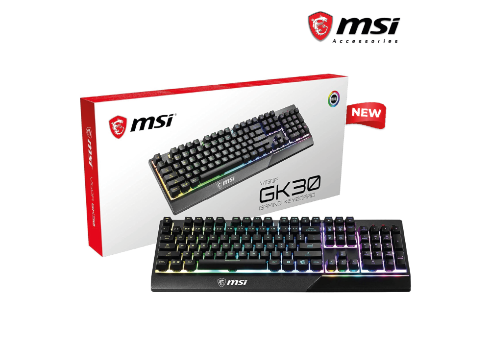 MSI Vigor GK30 RGB Gaming Keyboard, 6-Zone RGB Lighting, Water Repellent & Splash-Proof, Mechanical-Like Plunger Switches, Black