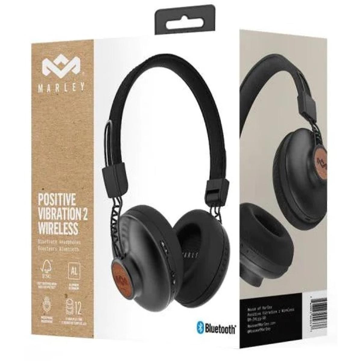 House of Marley Positive Vibration 2 Wireless On-ear Headphones w/ Microphone, Bluetooth Connectivity, Ultra-Comfortable & Foldable Design Up To 12 Hours of Playtime, Compatible with IOS and Android (Black) | EM-JH133-SB | - CompuMe