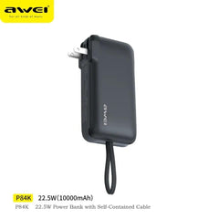 Awei P84K Power Bank with Built-in USB-C Cable & Plug, 10,000mAh 5V/4.5A Power Bank Fast Charging 22.5W, Travel Essential Battery Pack for iPhone 16/15 Series, Samsung Galaxy, iPad