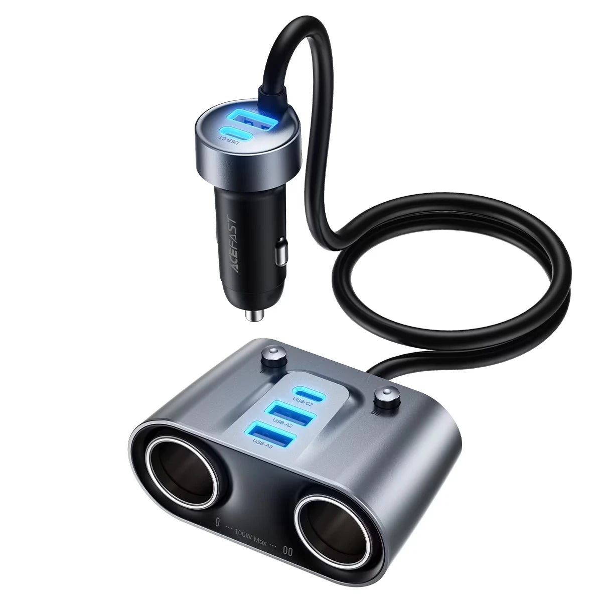 ACEFAST B22 152W 2-in-1 Car Charger Hub with 2USB-C + 3USB-A + Dual Cigarette Lighter Sockets - Metal Grey
