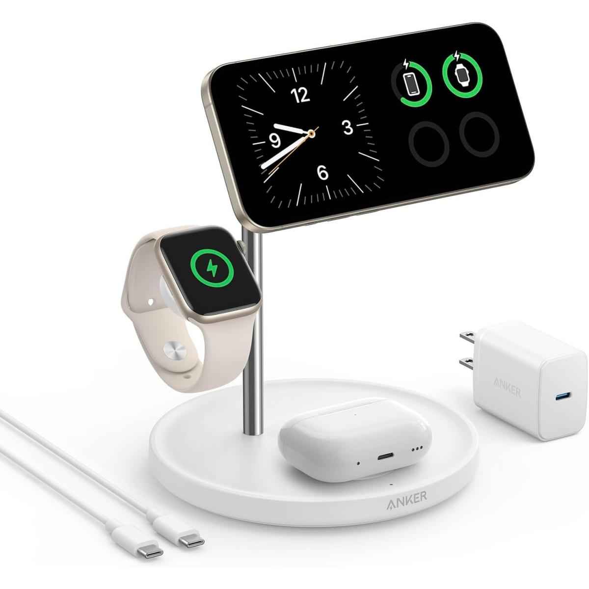 Anker Magsafe Charger Stand, Iphone 16 Wireless Charging Station, Maggo 3 In 1 Charging Station, Qi2 Certified 15w Wireless Charger, Desk Accessory, For Iphone 16/15/14/13/12, Apple Watch, Airpods White