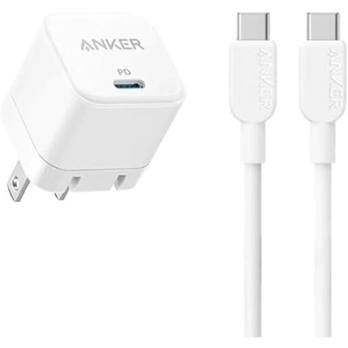 Anker USB-C Fast Charger 20W with Foldable Plug + USB-C to USB-C Cable – Compa Power Adapter for iPhone 15 Series, Galaxy, Pixel, iPad & More – White