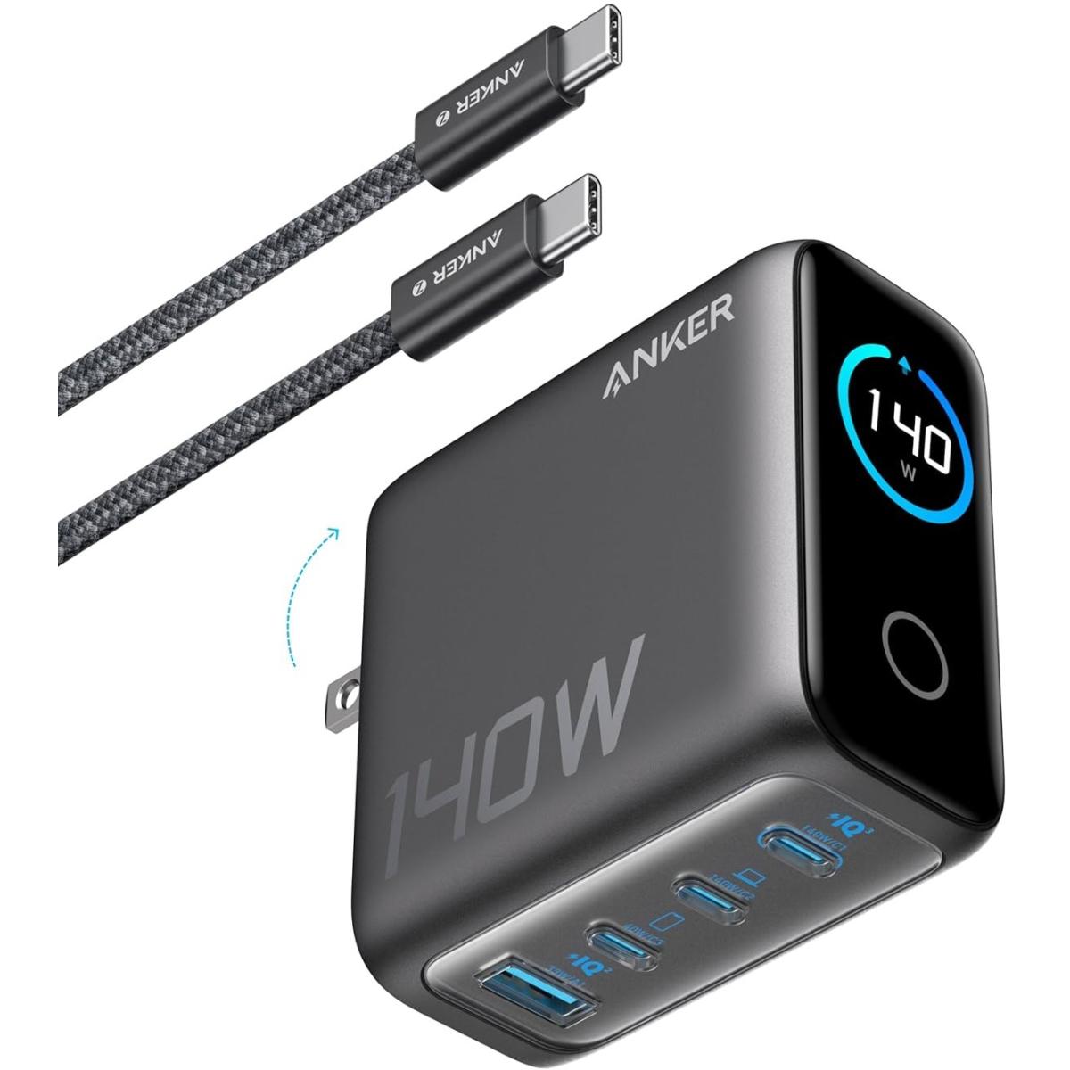 Anker Laptop Charger, 140W Max 4-Port GaN USB C Charger Block with Smart Display, Fast Charging Power Adapter, Touch Controls for MacBook, iPad, iPhone 17/16 Series (Include 5FT Cable, Non-Battery) - Black