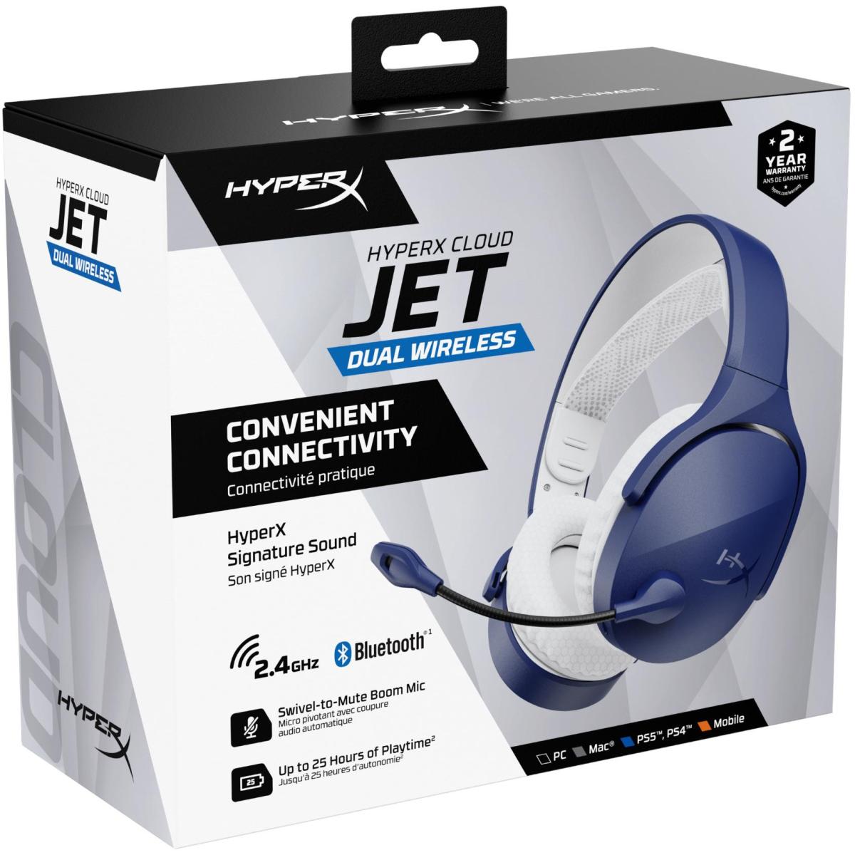 HyperX Cloud Jet Dual Wireless & Bluetooth Gaming Headset Signature HyperX Sound Swivel-to-mute Boom Mic Up to 25 hours of Playtime Intuitive Audio Controls , Blue