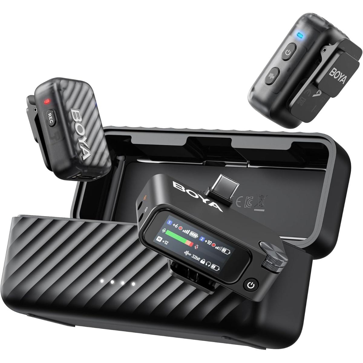 BOYA BOYAMIC 2 Wireless Microphones for iPhone 15-16/Android/PC/Camera, AI Noise Cancellation,32-bit Float Internal Recording,984ft Range, 54H Battery with Charging Case for Recording(without Clip Mic)