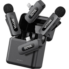 BOYA BY-V3 Combo Wireless Microphone for iPhone Android Smartphone,100M Los Range,36H Duration,Noise Cancellation,Plug&Play Lavalier Lapel Mics for Vlogging Interview 2-in-1 Charging Case(2TX+2RX)