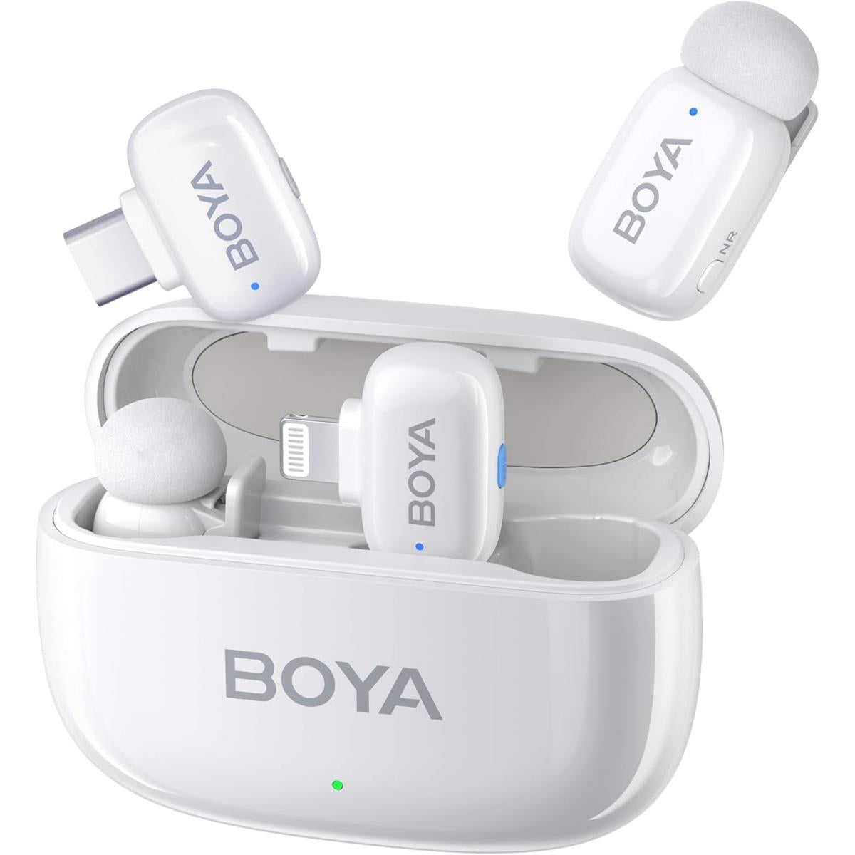 BOYA Mini Wireless Microphone for iPhone/Android/PC/Tablets with USB C/Lightning Plug, MFi Certified, Noise Reduction, AI Voice Changer, 30H Battery Life with Charging Case for Video Recording Podcast - White