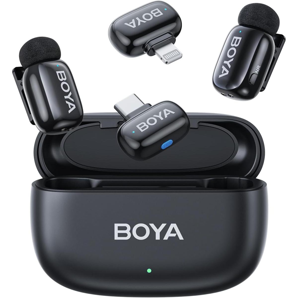 BOYA Mini Wireless Microphone for iPhone/Android/PC/Tablets with USB C/Lightning Plug, MFi Certified, Noise Reduction, AI Voice Changer, 30H Battery Life with Charging Case for Video Recording Podcast - Black