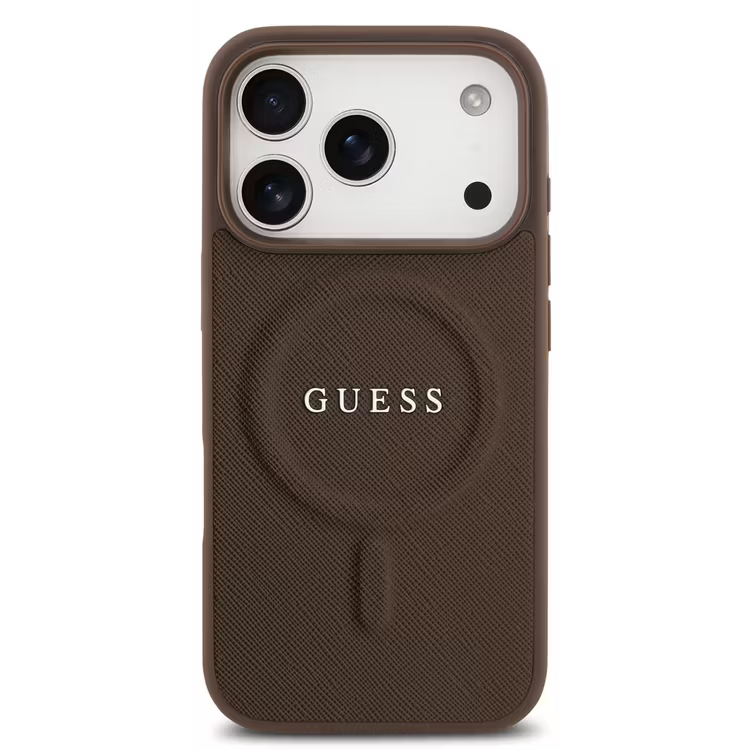Guess MagSafe PU Saffiano Leather Case with Classic Logo for iPhone 17 Pro Max, Drop Protection, Lightweight Design, Comfortable Grip, Easy Snap-On, Sustainable Packaging, Slim Profile - Brown Guess MagSafe PU Saffiano Leather Case with Classic Logo for iPhone 17 Pro Max, Drop Protection, Lightweight Design, Comfortable Grip, Easy Snap-On, Sustainable Packaging, Slim Profile - Brown