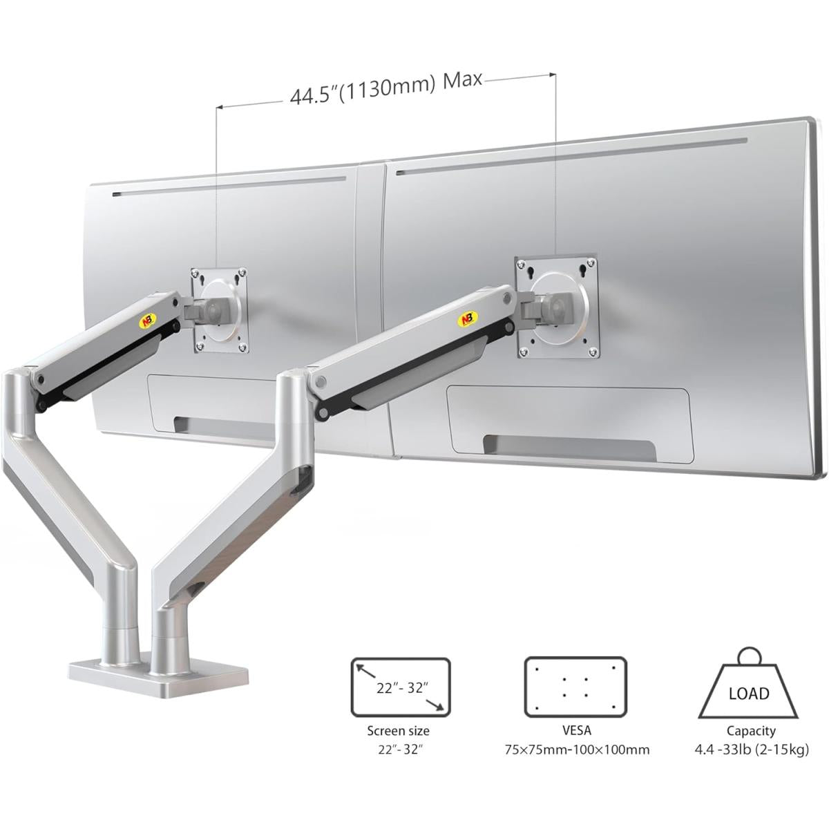NB North Bayou G32 22" to 32" Adjustable Dual Monitor Stand Gas-Spring Desk Mount (2-15kgs)