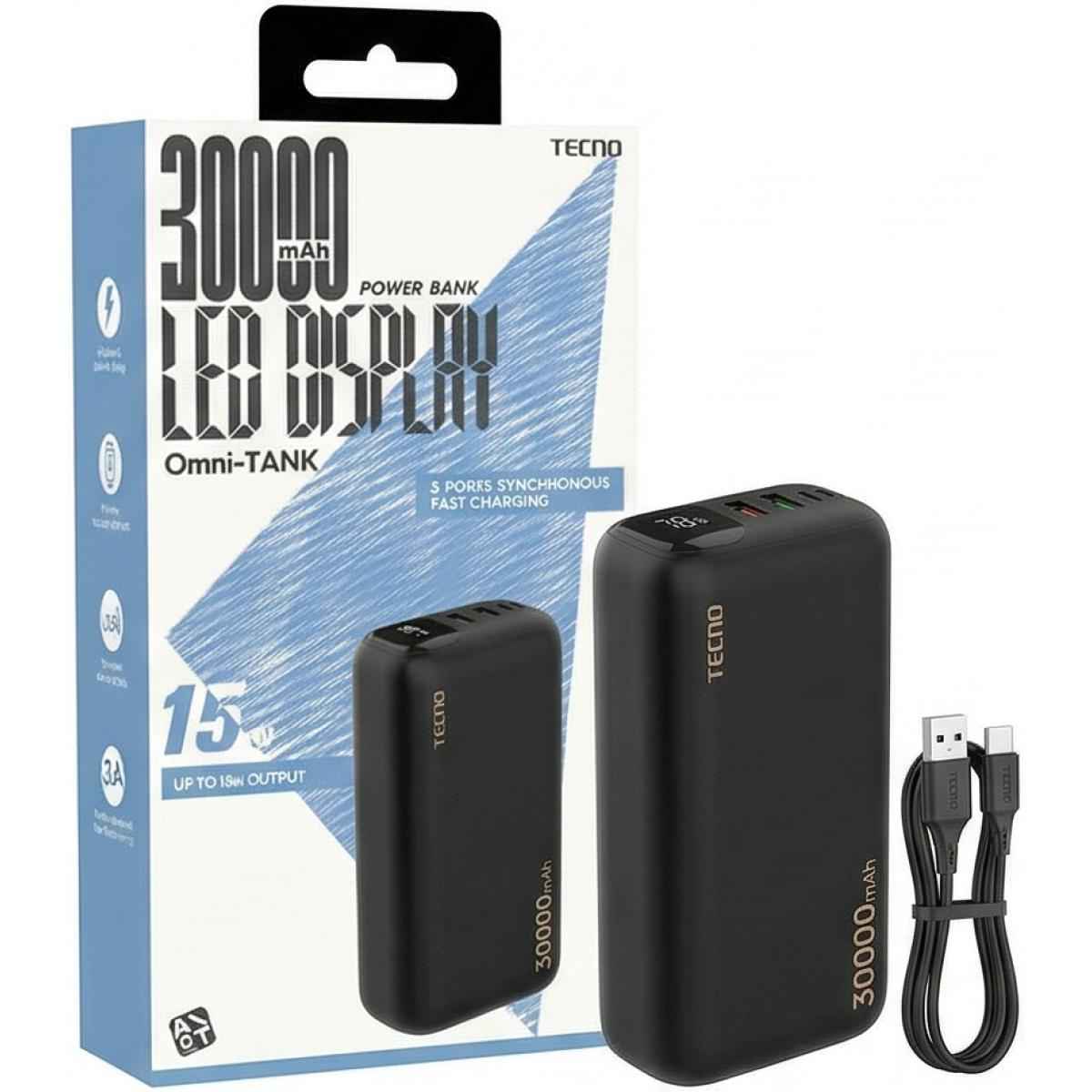 Tecno Omni Tank Power Bank 30000mah Fast Charging , Multiple Usb Outputs, Type C Input, Led Display, Heavy Duty Design For Smartphones, Tablets & Travel Black