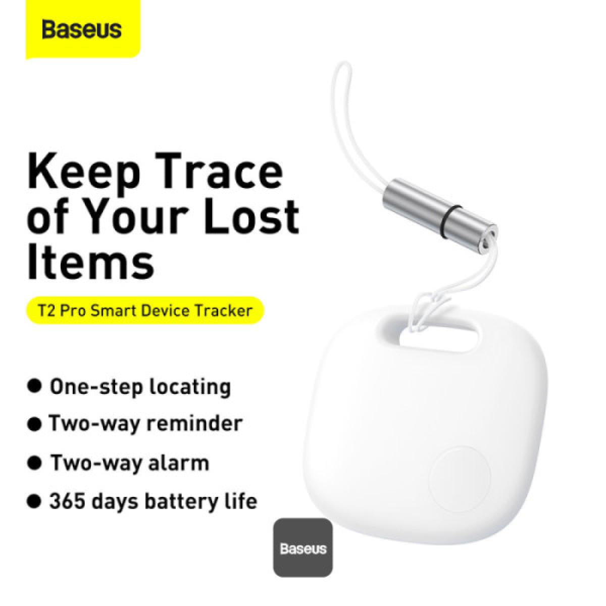 Baseus T2 Pro Bluetooth Key Finder Anti Loss Tracker with Replaceable Battery, 365 Day Smart Tag for Keys, Pets, Luggage Ios & Android White
