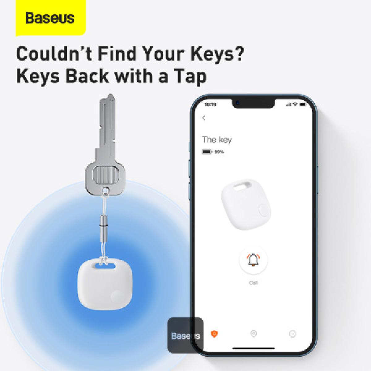 Baseus T2 Pro Bluetooth Key Finder Anti Loss Tracker with Replaceable Battery, 365 Day Smart Tag for Keys, Pets, Luggage Ios & Android White