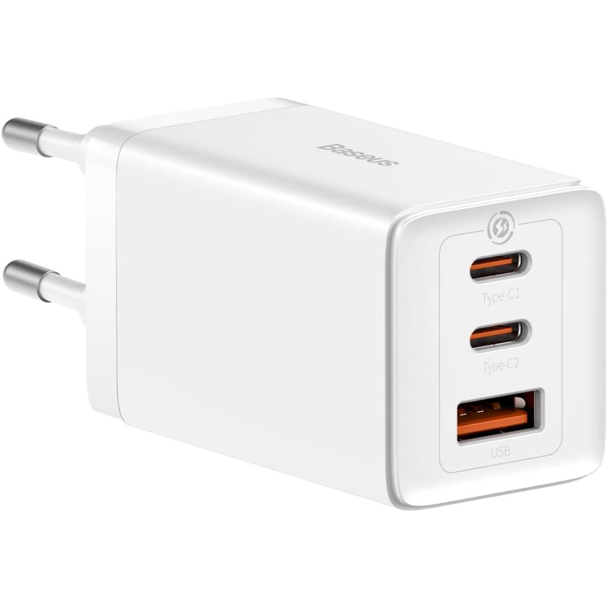 Baseus Travel Charger GaN5 Pro Fast Wall Charger, C+C+U, QC, AFC, PD 65W with Type-C to Type-C (100W) Cable 1m, White