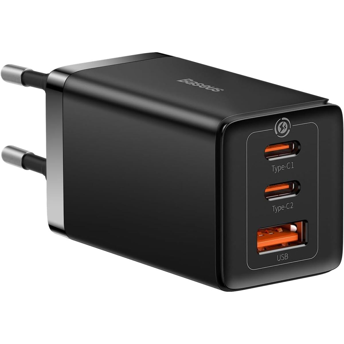 Baseus Travel Charger GaN5 Pro Fast Wall Charger, C+C+U, QC, AFC, PD 65W with Type-C to Type-C (100W) Cable 1m, Black
