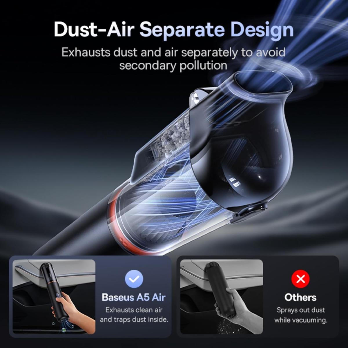 Baseus Car Vacuum Cleaner A5 Power Suction 16000Pa \ 130W Portable Cordless Vacuum Cleaner with LED Display - Black