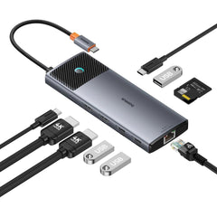 Baseus Hub 10in1 Metal Gleam Ii Series, Usb C To 1xhdmi, Usb A (10gbps), Usc C, 2xusb A, Ethernet Rj45, Sd/tf Card, Mini Jack 3,5mm, Usb C(pd) Space Grey