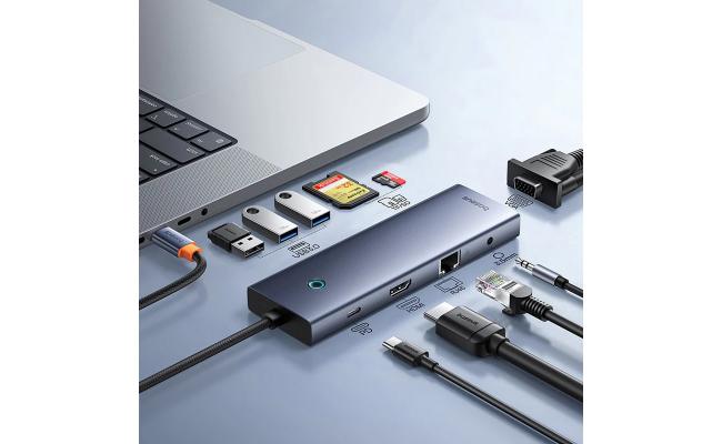 Baseus UltraJoy Series 10 - Port HUB Docking Station, Type - C to HDMI, VGA, 3xUSB 3.0, PD, RJ45, SD/TF - Space Gray