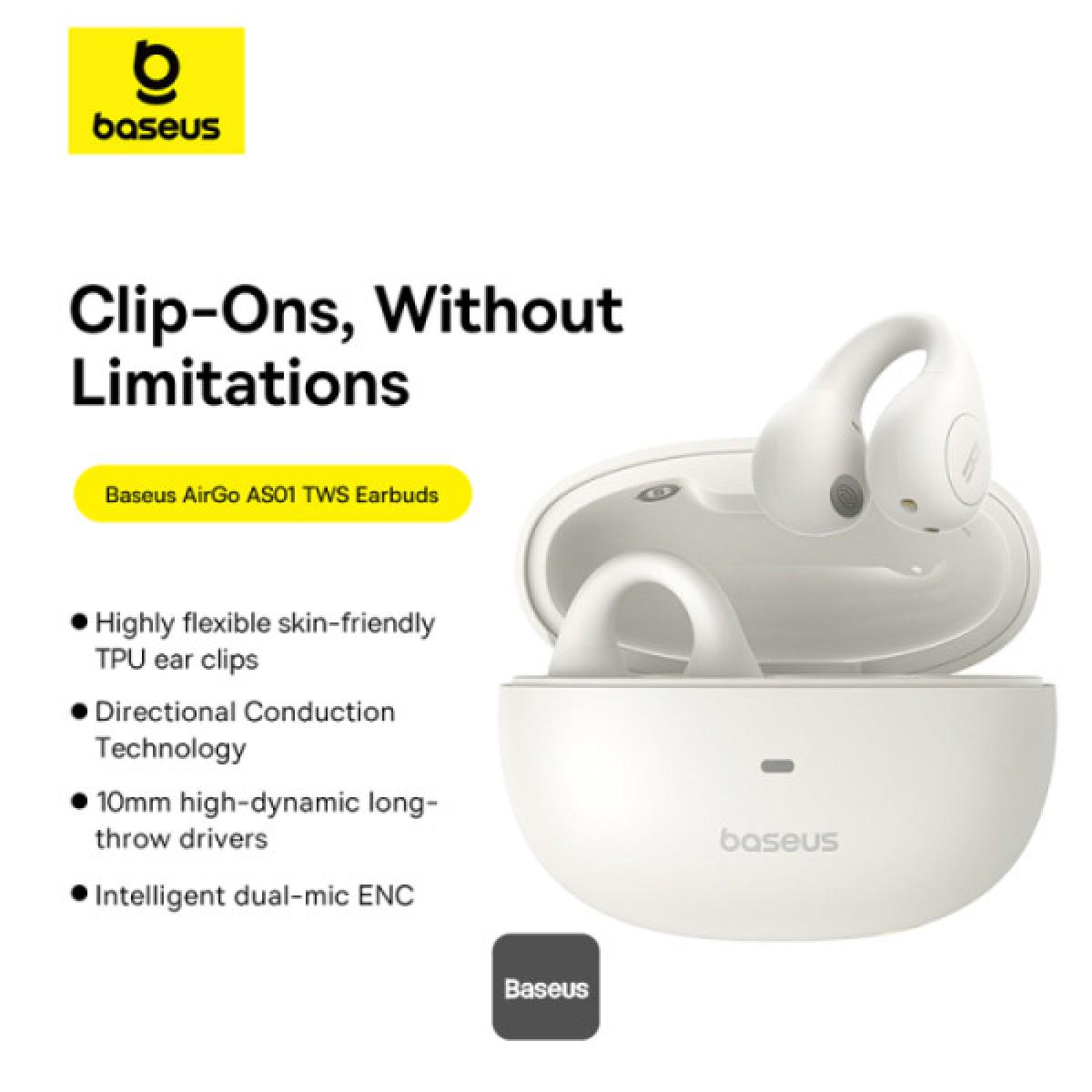 Baseus Airgo Enc AS01 Open Ear Clip On Wireless Earbuds for Sports Up to 25 Hours Of Playback White