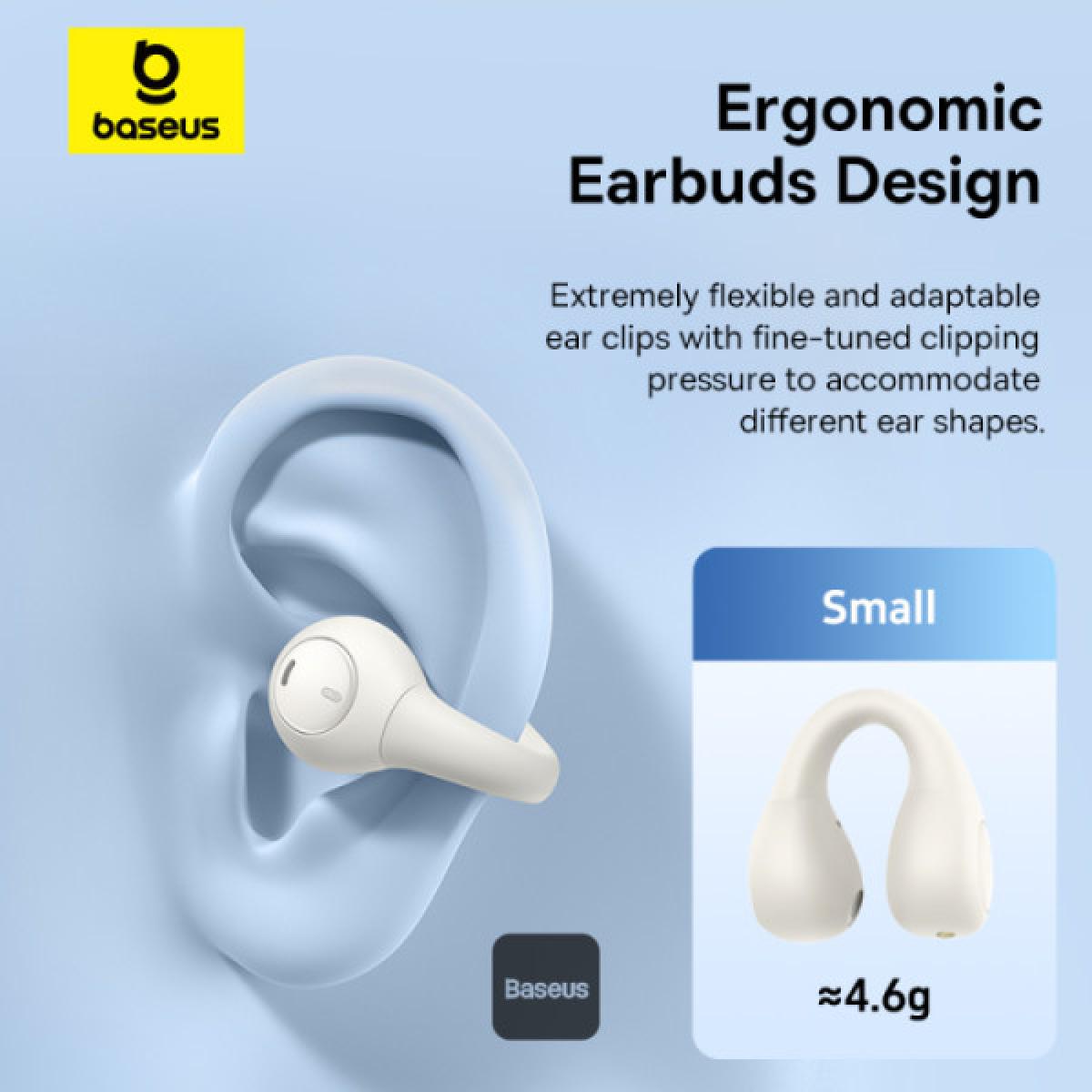 Baseus Airgo Enc AS01 Open Ear Clip On Wireless Earbuds for Sports Up to 25 Hours Of Playback White