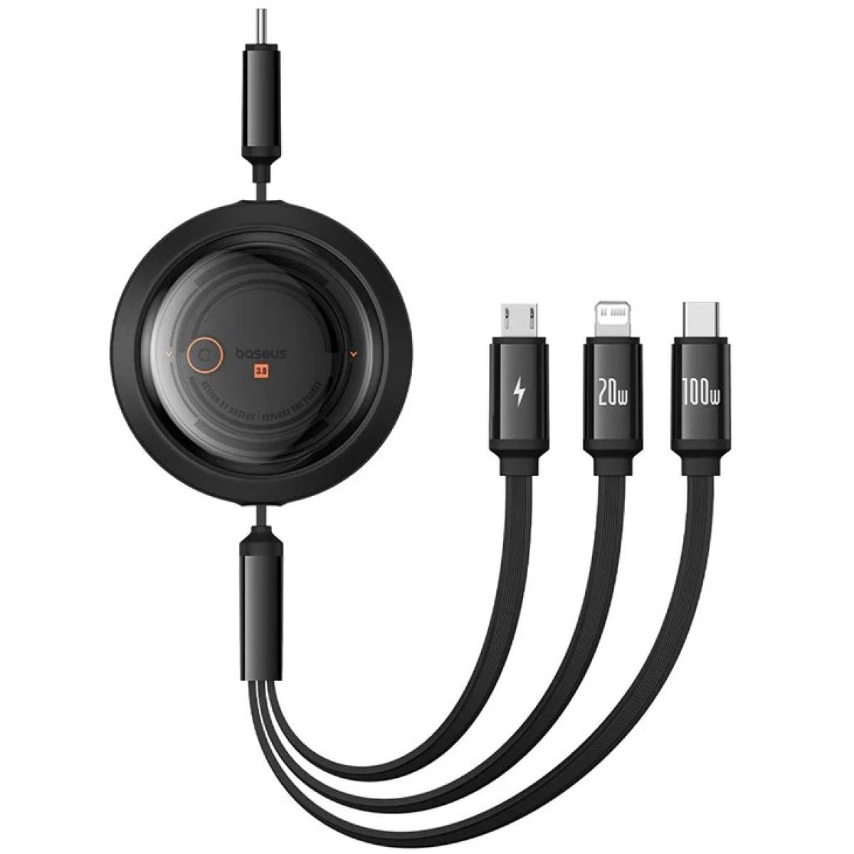 Baseus Free2Draw Retractable Crystal Fast Charging Data Cable Type-C to M+L+C 100W 1.1m Cluster Black