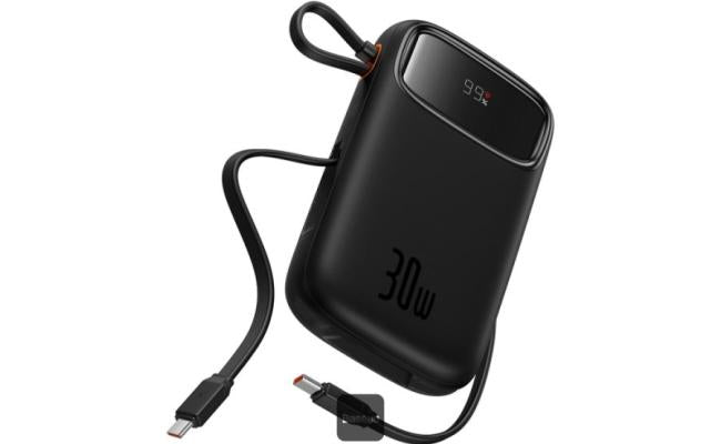 Baseus QPOW2 20000mah Digital Display Fast Charge Power Bank 30w with Built In Dual Type C Cable Black