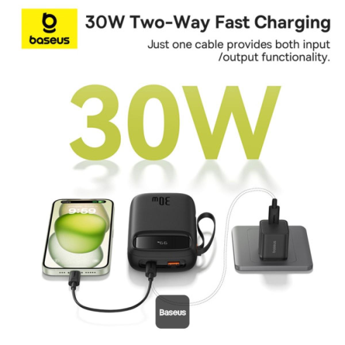 Baseus QPOW2 20000mah Digital Display Fast Charge Power Bank 30w with Built In Dual Type C Cable Black