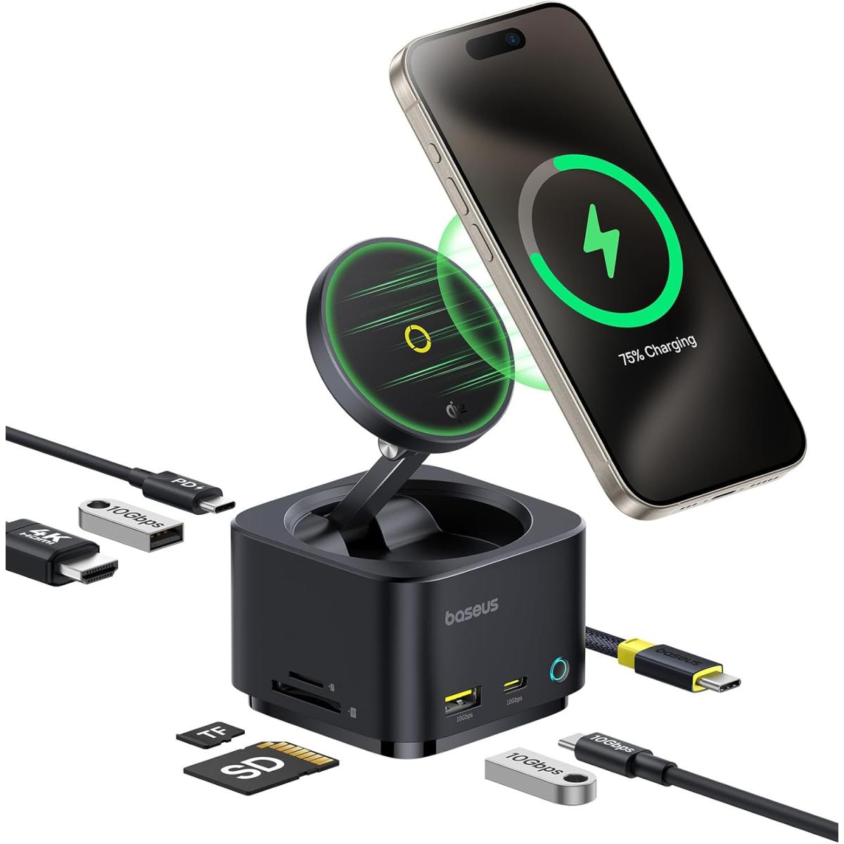 Baseus Magpro Series Ii 7 In 1 Usb C Hub With 15w Qi2 Wireless Charger, 4k@60hz Hdmi, 100w Pd, 10gbps Ports, Sd Card Reader – Black