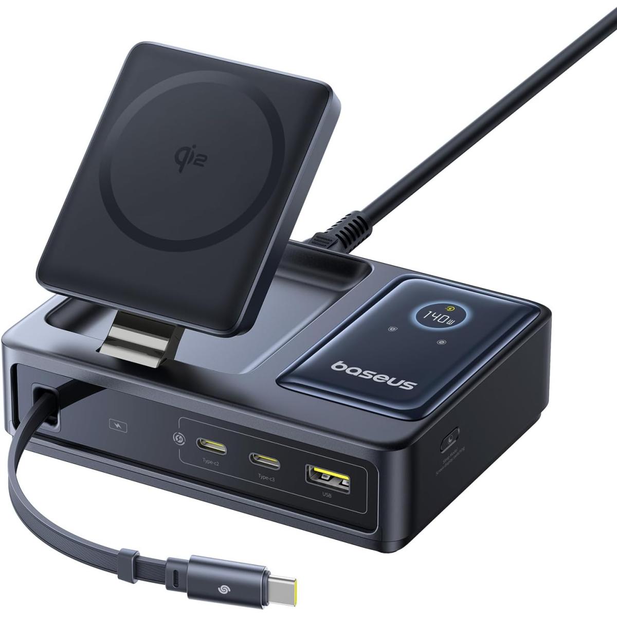 Baseus Nomos 5 In 1 Charging Station 140w, Qi2 Certified 15w Magnetic Wireless Charger With 100w Retraable Cable, Gan Fast Usb C Desktop Charger For Magsafe, Iphone 16/15 Pro Max, Macbook Pro