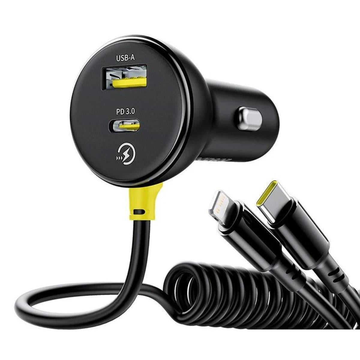 Baseus Circular Car Charger With Usb C / Lightning Cable, 60w, 3a, 1 X Usb A 1 X Usb C, Black