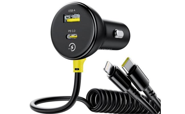 Baseus Circular Car Charger with USB - C / Lightning Cable, 60w, 3a, 1 X USB A 1 X USB - C, Black