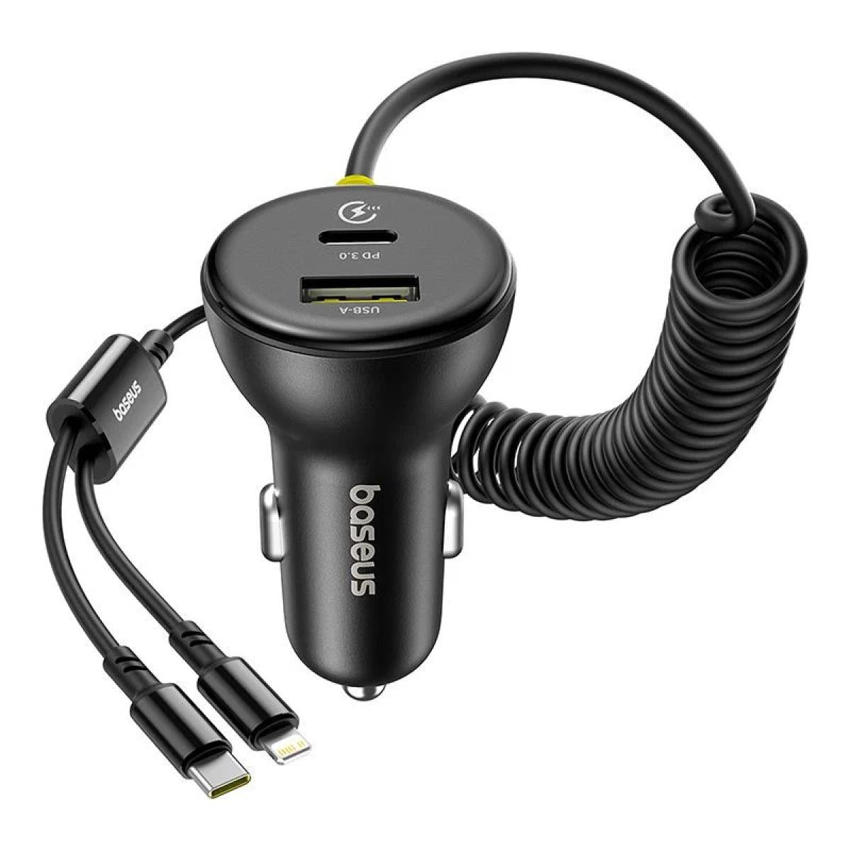 Baseus Circular Car Charger with USB - C / Lightning Cable, 60w, 3a, 1 X USB A 1 X USB - C, Black