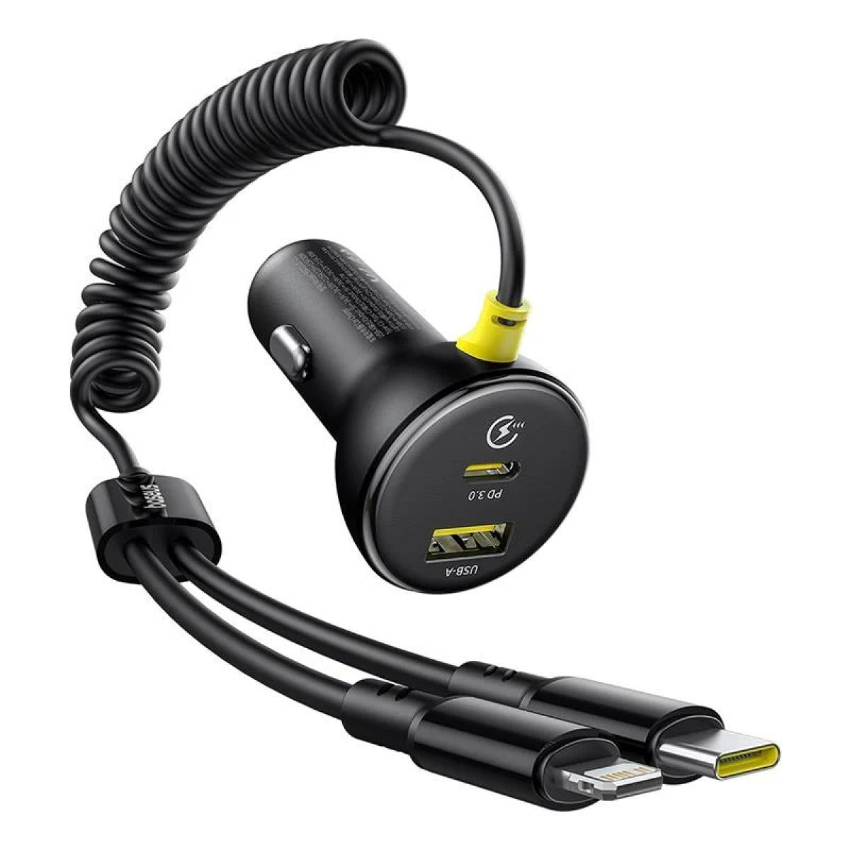 Baseus Circular Car Charger with USB - C / Lightning Cable, 60w, 3a, 1 X USB A 1 X USB - C, Black