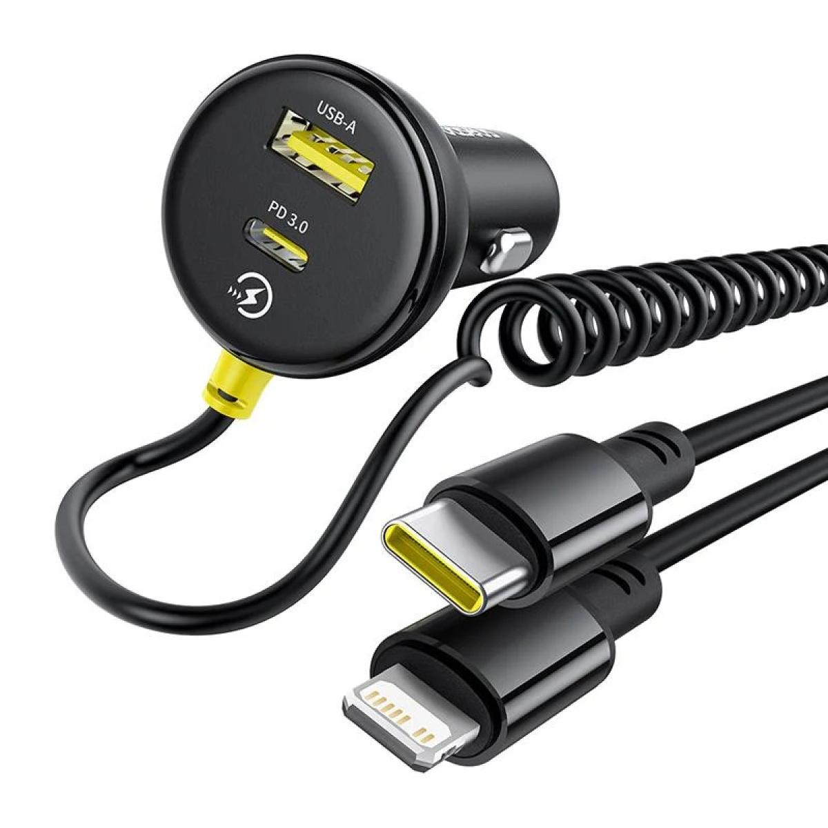 Baseus Circular Car Charger with USB - C / Lightning Cable, 60w, 3a, 1 X USB A 1 X USB - C, Black