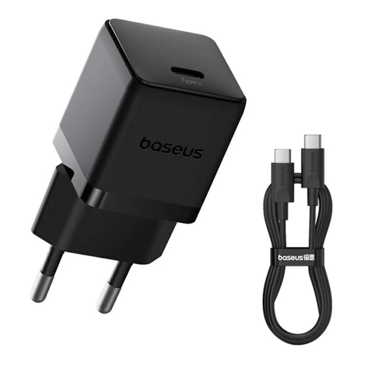 Baseus Palm Fast Charger 1C 20W EU Cluster Black (with Baseus Mini White Cable USB-C to USB-C 60W (20V/3A) 1m Cluster Black)