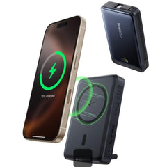 Baseus Nomos 3-in-1 10000mAh Power Bank - Qi2 Certified 15W Wireless Charger, 45W Built-In Two-Way Fast Charging Cable, Type-C Port, Kickstand - Black