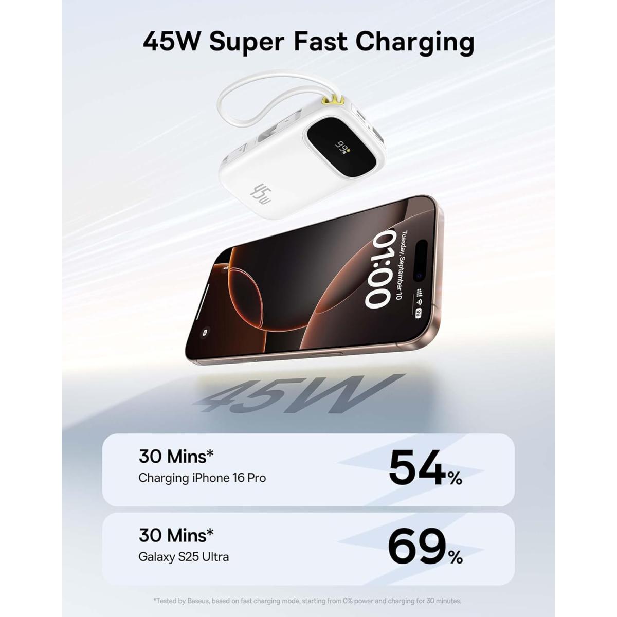 Baseus Qpow 3 Digital Display Power Bank With 2 Built In Usb C Cables 10000mah 45w Cosmic White Baseus Qpow 3 Digital Display Power Bank With 2 Built In Usb C Cables 10000mah 45w Cosmic White