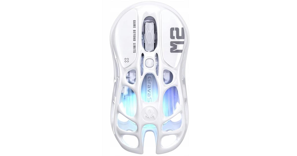 GravaStar Mercury M2 Gaming Mouse With 26,000 DPI, PAW3395 Sensor, 5 customizable buttons with macro support, Opaline White hollow structure.