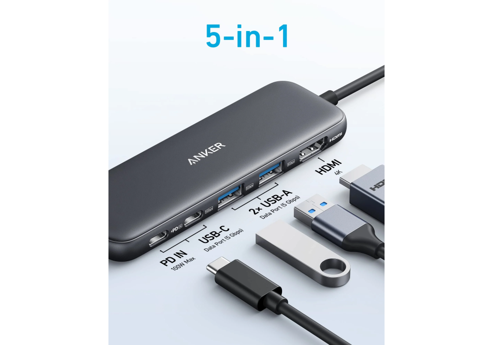 Anker 332 USB‑C Hub – 5‑in‑1 Connectivity, 4K HDMI, 5Gbps USB‑C & USB‑A Data Ports, 100W PD‑IN Pass‑Through Charging, Compact Design - 18 Months Warranty