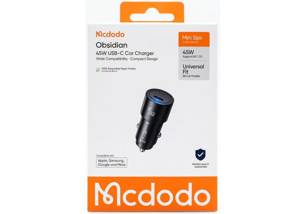 Mcdodo Obsidian 45W USB-C Car Charger – Super Fast Charging 2.0 – Mini Size – 18 Months Warranty