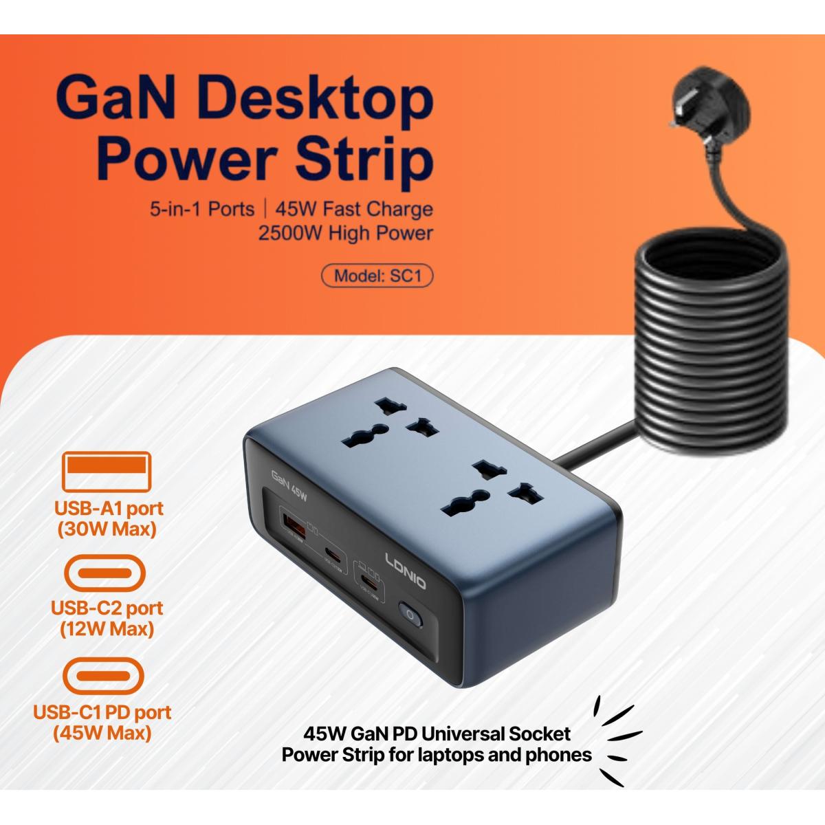 LDNIO SC1 45W PD Adapter 2500w Universal Socket Power Strip 45W High Power, Fast Charge For Tablets & phones which support PD3.0 and QC3.0