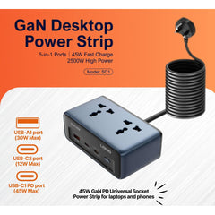 LDNIO SC1 45W PD Adapter 2500w Universal Socket Power Strip 45W High Power, Fast Charge For Tablets & phones which support PD3.0 and QC3.0