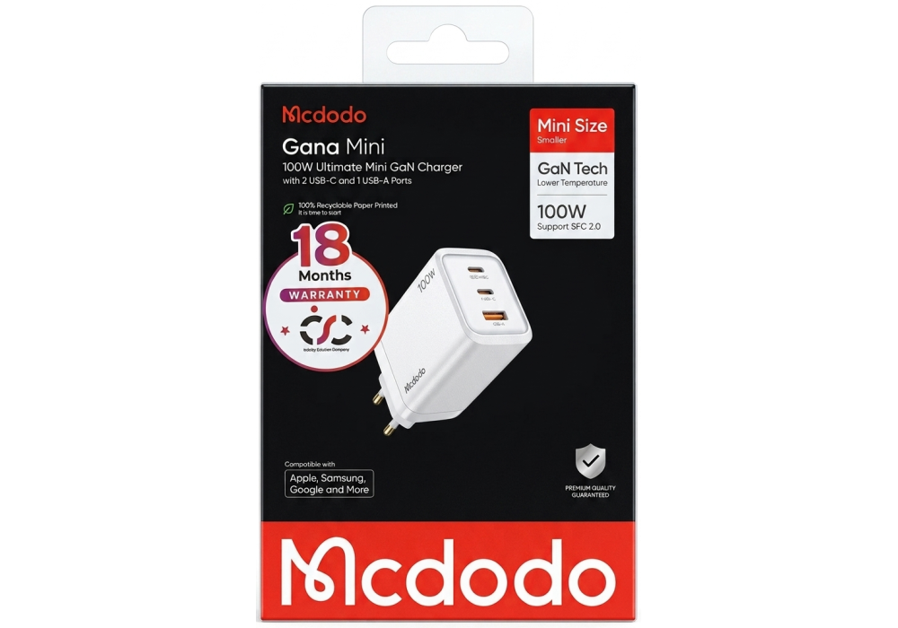 Mcdodo Gana Mini 100W GaN Fast Wall Charger, 3 Ports (2 USB-C, 1 USB-A), Supports Samsung SFC 2.0, White - 18 Months Warranty