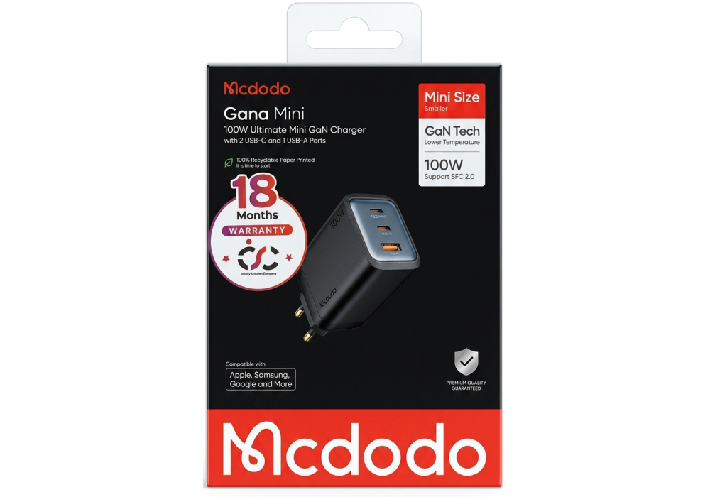 Mcdodo Gana Mini 100W GaN Fast Wall Charger, 3 Ports (2 USB-C, 1 USB-A), Supports Samsung SFC 2.0, Black - 18 Months Warranty