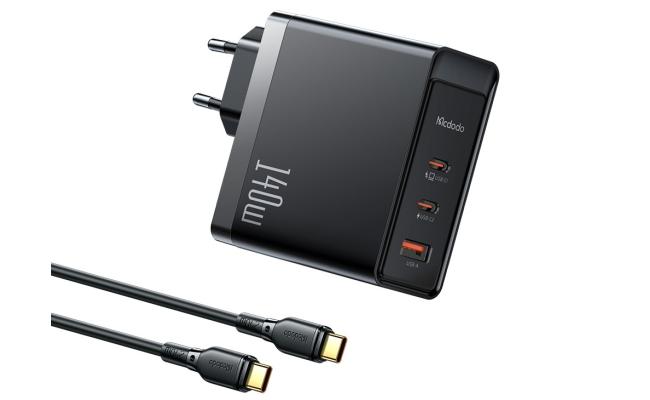 Mcdodo Ch 2913 140w GAN5 Pro Fast Charger with Two USB - C Ports And One USB A Port + 1.2 meter 240w USB - C to USB - C Cable
