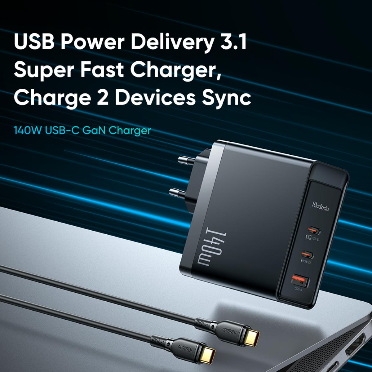 Mcdodo Ch 2913 140w GAN5 Pro Fast Charger with Two USB - C Ports And One USB A Port + 1.2 meter 240w USB - C to USB - C Cable
