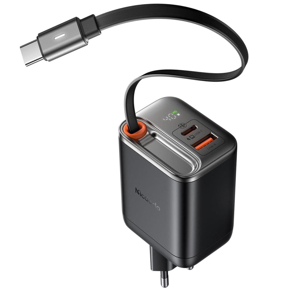 Mcdodo CH-4280 40W Gan5 USB-C Charger, Dual Port, Retractable Cable Fast Charging Adapter with LED Indicator - Black